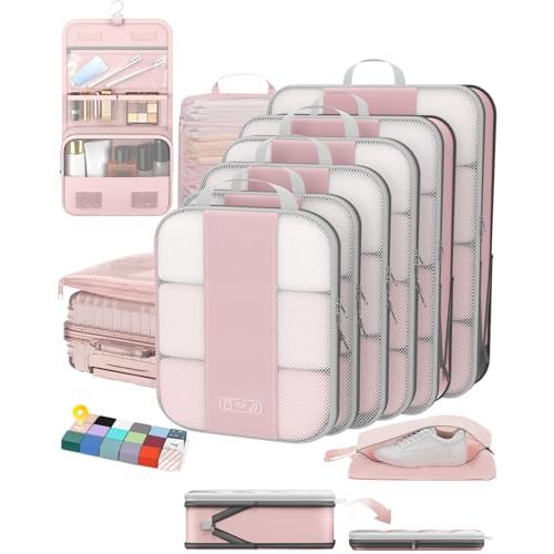 OlarHike 10-Pack Compression Packing Cubes for Travel Essentials,Compressible Expandable Packing Cubes for Suitcase,Luggage Garment Bags for Travel,Handy Helper for Organizing Clothes(Pink)