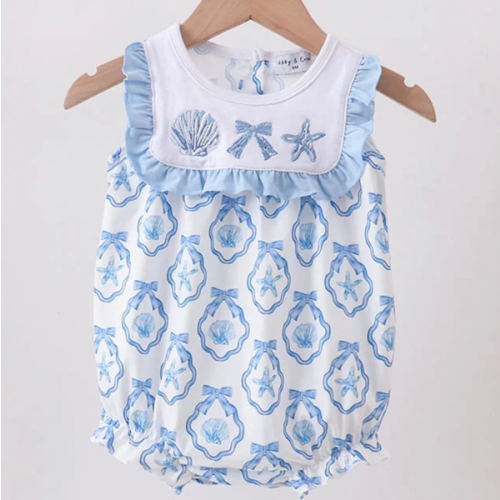 Blue Shells Embroidered Ruffle Bubble