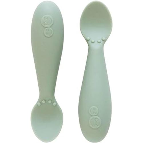 ezpz Tiny Spoon (2 Pack in Sage) - 100% Silicone Baby Spoon for Baby Led Weaning + Purees - 6 Months + - Designed by a Pediatric Feeding Specialist - Baby Essentials & Baby Gifts