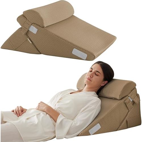 Bedluxe 3Pcs Orthopedic Bed Wedge Pillow Set, Foam Wedge Pillow Post Surgery for Back, Leg and Knee Support, Adjustable 9&12 Inch Folding Triangle Pillow for Sleeping, Acid Reflux, Snoring, Brown