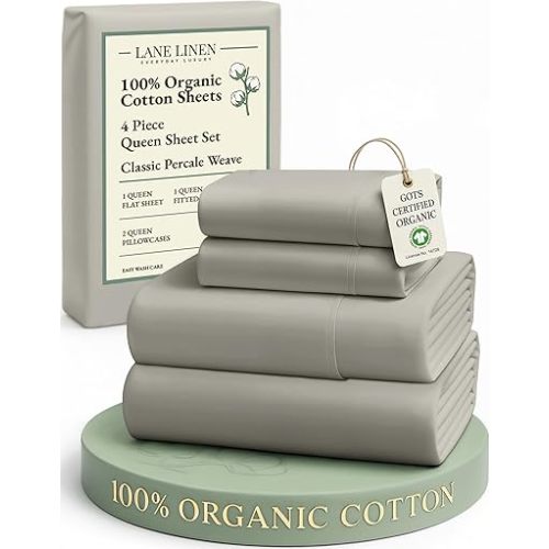 LANE LINEN 100% Organic Cotton Mercerized Queen Sheets, Soft & Comfy Naturally Cooling Cotton Sheets Queen Size Set, Classic Percale Weave Low Pill Fade Resistant Queen Bed Sheets- Silver