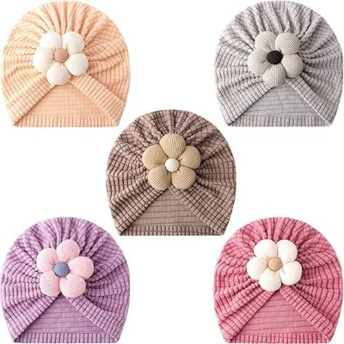 DRESHOW BQUBO 5 Pieces Baby Turban Hats Turban Bun Knot Baby Infant Beanie Baby Girl Soft Cute Toddler Cap