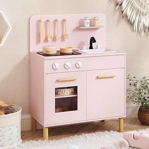 Costzon Kids Kitchen Playset, Wooden Pretend Play Kitchen with Lights and Sounds, Stoves, Sink & Faucet, Oven, Cooking Accessories, Toy Kitchen Set for Toddlers, Gift for Boys Girls Ages 3+ (Pink)