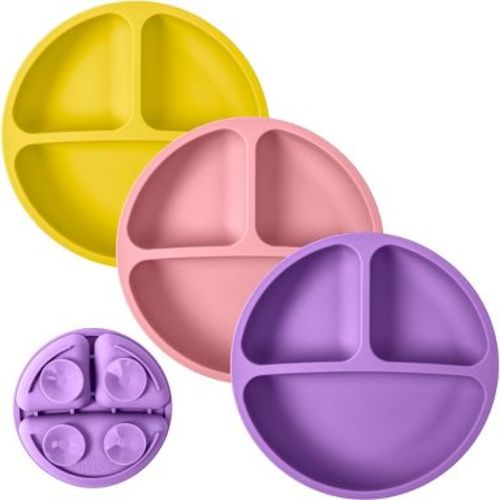 WeeSprout Suction Plates for Babies & Toddlers 100% Silicone Divided Design - No Lids, 3 Pack (Bright Pink, Purple & Yellow)
