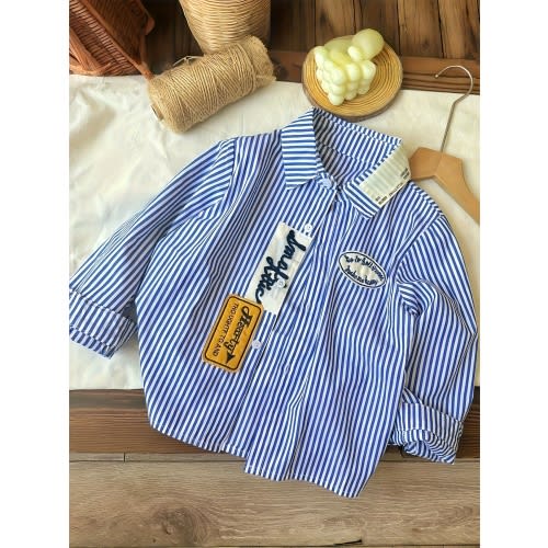 3-4 [Korean Style, Boys' Shirt] Soft Non-Stretch Fabric Boys' Casual Long Sleeve Striped Shirt | Contrast White Collar & Embroidered "KID" Logo, Regular Fit Korean Style Toddler Boy Top for Spring/Fall