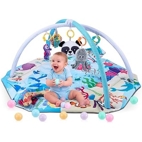 Baby Gym Play Mat, 9-in-1 Baby Play Mats w 9 Detachable Toys for Stage-Based Sensory & Motor Skill Development, Washable Tummy Time Mat & Crawling Blanket for Baby to Toddler, Baby Essentials Gift