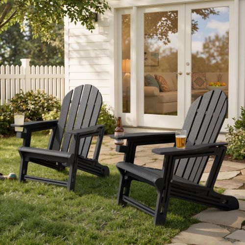 Pellebant Set of 2 Black HDPE Frame Stationary Adirondack Chair with Black Slat Seat