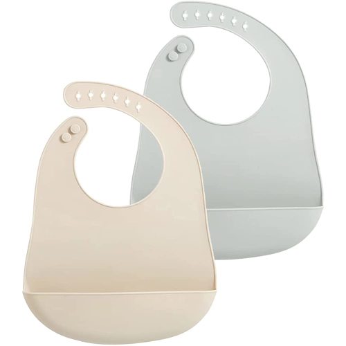 PandaEar 2 Pack Silicone Baby Feeding Bibs Super Thin Light Weight for Babies & Toddlers, Adjustable Silicone Bibs with Food Catcher Pocket, Waterproof, Soft, Unisex, Non Messy (Pink Grey)