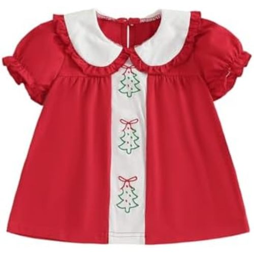 Toddler Baby Girl Christmas Outfit Santa Claus/Reindeer/Tree Embroidery Plaid Short Sleeve Smocked Dress Winter Holiday Dress