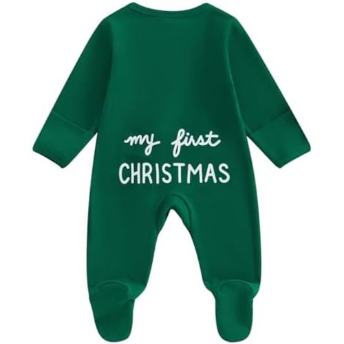 Lamuusaa Newborn Baby Girl Boy Christmas Outfit My First Christmas Footie Romper Zipper Bodysuit Jumpsuit Fall Winter Clothes