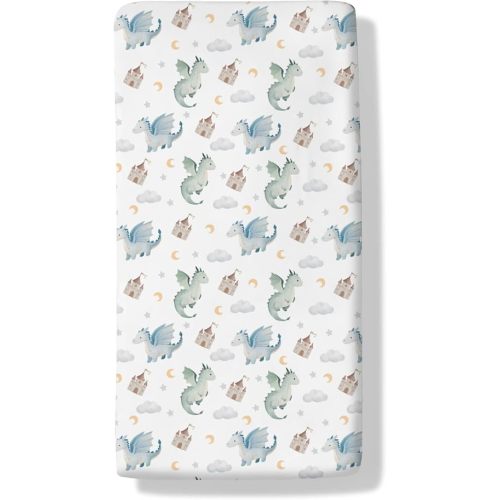 Cute Baby Dragons Castle Crib Sheets Watercolor Fairytale Dragon Moon Stars Soft Breathable Baby Sheets Fantasy Animal Fitted Crib Mattress Cover for Standard Mattress 28x52in