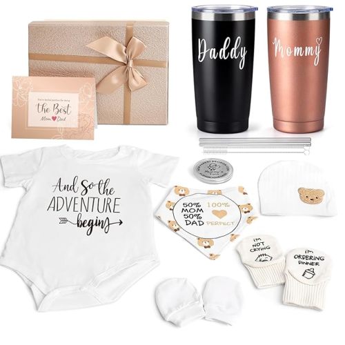 New Mom Gifts for Women, 9 Pcs Best Pregnancy Gifts Basket for New Parents, Gender Reveal Ideas Gift Set for First Time Mom Dad Expecting Parents to Be Gender Reveal Baby Shower Newborn