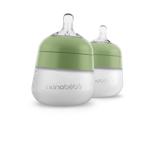 Nanobebe Flexy Silicone Baby Bottle, Anti-Colic, Natural Feel, Non-Collapsing Nipple, Non-Tip Stable Base, Easy to Clean 2-Pack, Sage, 5 oz