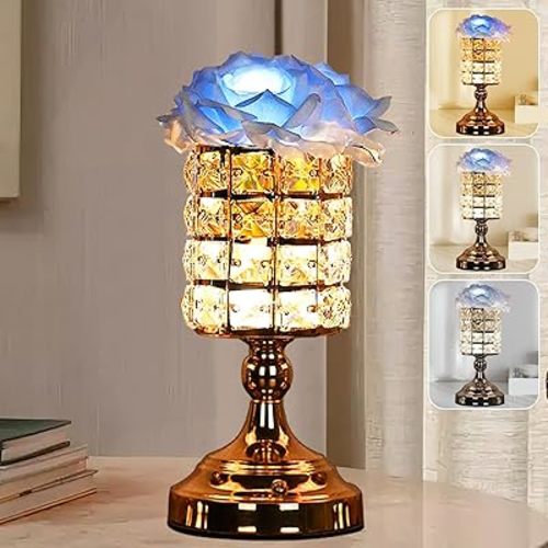 Rose Table Lamp, Rechargeable Cordless Desk Lamp, 3-Colour Infinitely Dimming Artificial Flowers Night Light, Crystal Candlestick Ambient Light Gifts for Mom Women Girls (Blue)