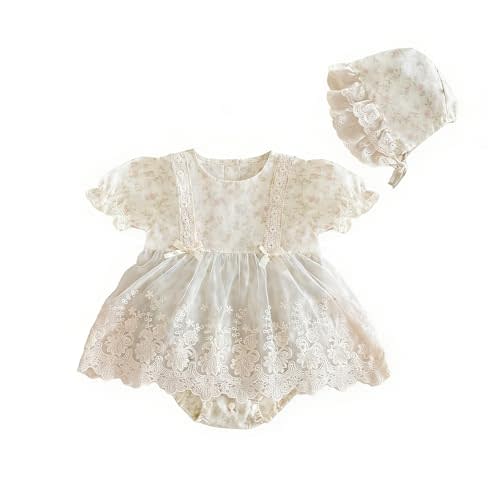 Baby Girl Floral Romper, Long Sleeve Lace Dress Bodysuit with Bonnet, Princess Style Outfit for Newborn and Infant