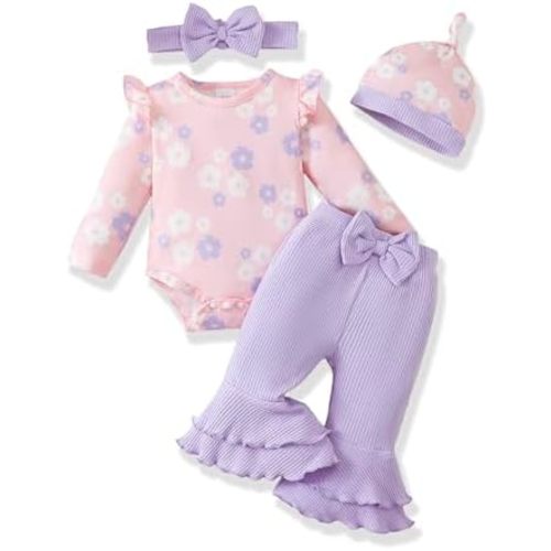 Renotemy Preemie Newborn Baby Girl Clothes Infant Romper Fall Winter Outfits Gifts for Girls Cute Bell Bottoms Pant Sets