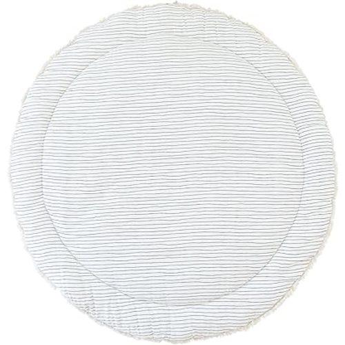 MakeMake Organics Organic Play Mat GOTS Certified Organic Cotton Nursery Floor Rug Washable Reversible Non Toxic Activity Mat Tummy Time Crawling Pad Thick Quilted (Round 48",Blue Stripes,Solid Ivory)