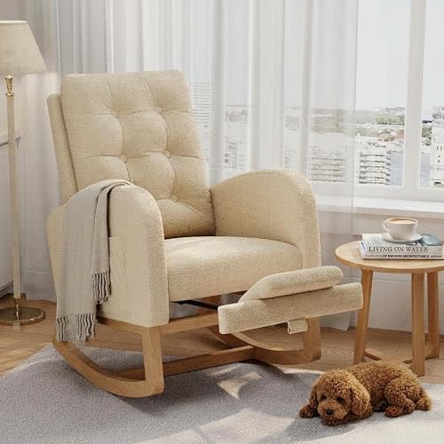Modern Rocking Chair for Living Room, Comfortable Recliner Rocker with Side Pocket, Soft Linen Upholstered Glider Chair for Bedroom, Nursery, Lounge-Light Brown