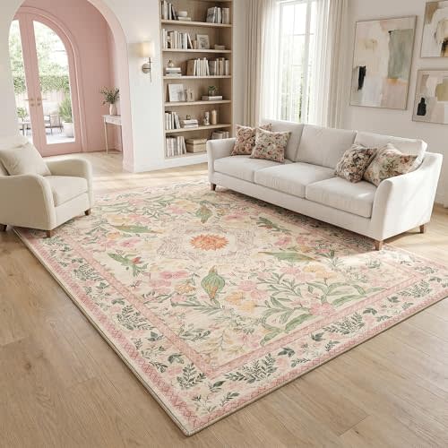 Ultra Soft Washable Nursery Rug 5'x7', Vintage Bohemian Floral Pink Area Rug for Baby Girl Room, 0.26" Low Pile Faux Wool Carpet for Tummy Time - Silicone Non-Slip Backing for Hardwood Floors