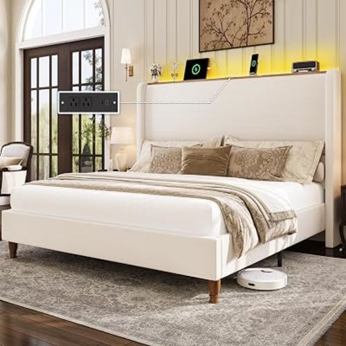Queen Size Bed Frame with LED Lights and Charging Station Linen Upholstered Platform Bed Frame with 51.2" Tall Headboard Wingback and Storage Shelf, No Box Spring Needed, Noise Free, Beige