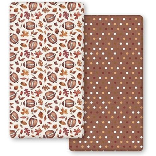 Horaldaily 2 Pack Fitted Crib Sheet for Boys Girls,Soft Breathable Washable Jersey Microfiber Baby Crib Sheet, Fits Standard Size Crib Mattress 28in x 52in, Warm Brown Football & Fall Leaves