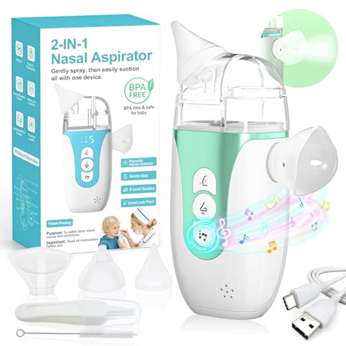 Electric Nasal Aspirator for Baby, 2-in-1 Nose Sucker with Spray, Full Kit | 5-level max 70kPa suction nasal aspirator, anti-backflow leakproof, food-grade BPA-free silicone tips, low noise & kid safe