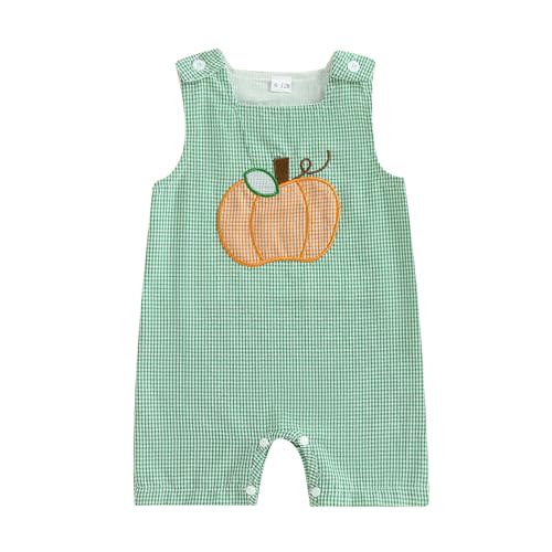 SAYOO Newborn Baby Girl Boy Halloween Outfit Sleeveless Pumpkin Embroidered Bubble Jumpsuit Romper Plaid Shortall Clothes