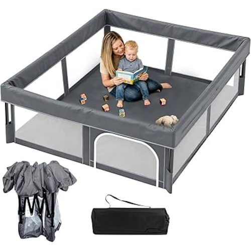 Foldable Baby Playpen, 63"×63" Play Yard for Toddlers, Portable & Collapsible Playpen with Gate, ASTM & CPSC Certified, Skin-Friendly & Breathable Mesh, Ideal for Indoor & Outdoor Use with Bag