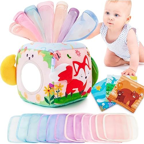Baby Tissue Box Toy Montessori Toys for Infant 6,9,12,18 Months Sensory Tissue Box Toy with Mirror,Textured Tails,Squeaky Sounds for Boys&Girls Toddler Early Learning