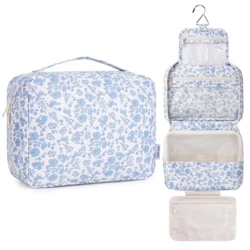 Narwey Hanging Travel Toiletry Bag for Women, Large Makeup Cosmetic Bag | Portable Bathroom Travel Bag for Full Size Toiletries, Cosmetics, Organized Pockets, Dry Wet Separation, Vivid Pattern, Gifts