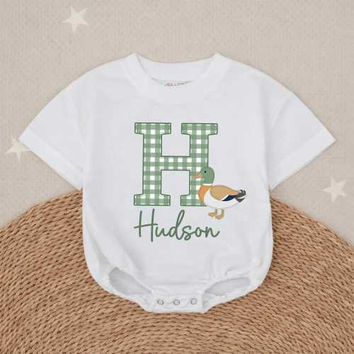 Personalized Monogram Mallard Duck Baby Bubble Romper, Custom Name Gingham Newborn Boy Outfit