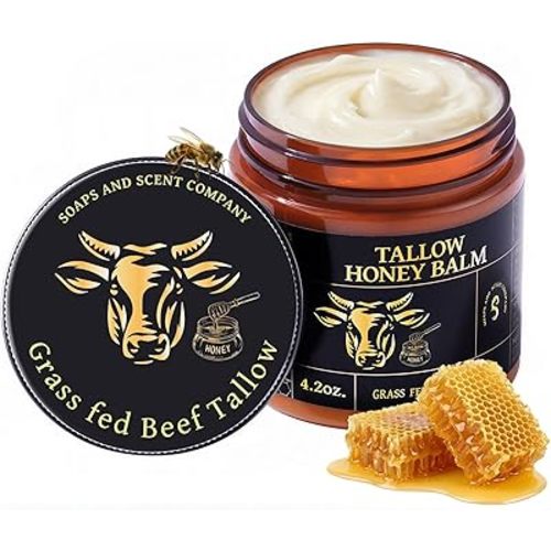 Grass-fed Beef Tallow Honey Balm for Face with Beeswax- - Rich in Vitamins A, D, E, and K and Nurishment for Your Face and Body - 4.2 OZ (scented)