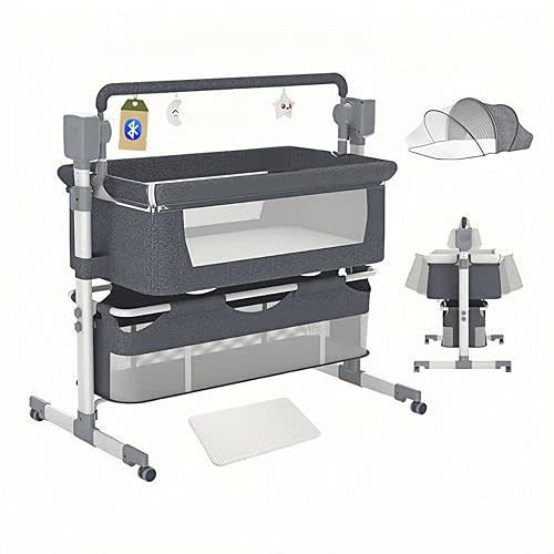 Electric Baby Crib Bluetooth Co-Sleeping Baby Bassinets, Convertible Baby Bedside Crib, Foldable Newborn Bedside Bed, and Portable Cradle with Mattress and Bluetooth Music Speaker(Grey)