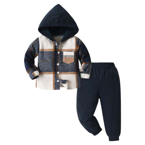 Staki Kids Toddler Boy Clothes Plaid Hooded Shirt White T-shirt Top and Solid Color Pants Winter Boys Outfits Winter Outfits for Boys(Navy,12-18 Months)