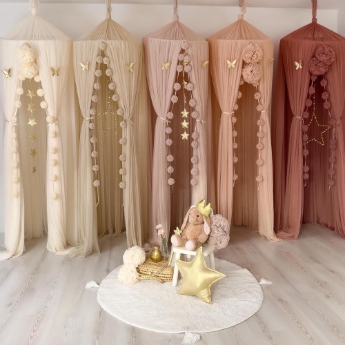Kid Bed Canopy, Beige Tulle Curtains for Kids Bed Nursery Decor