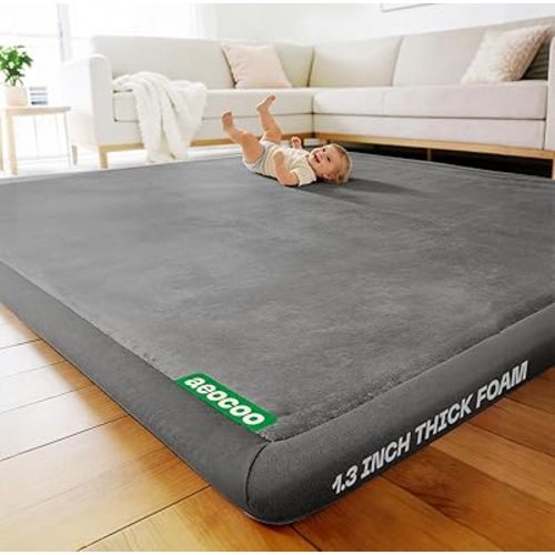 AEOCOO Baby Play Mat for Floor Cushion, 1.3" Thick Memory Foam Nursery Rug, Soft Velvet Non slip, Toddlers Baby Tummy Time Mat for Crawling, 50x50 Playpen, Living Room, Tatami Style, Grey