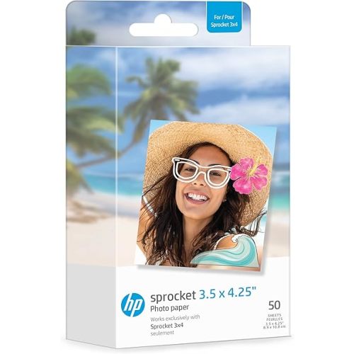 HP Sprocket 3.5 x 4.25” Zink Sticky-Backed Photo Paper (50 Pack) Compatible with HP Sprocket 3x4 Photo Printer