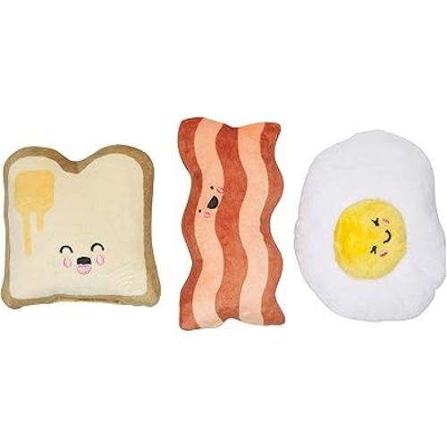Pearhead Barkfast Dog Toys, Set of 3, Plush Pet Squeaker Toys, Breakfast Dog Toy Set, Toast Bacon & Egg Toy Set, Must Have Pet Accessories for Pet Owners