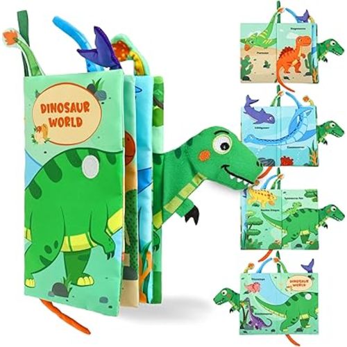 YOGINGO Baby Books - Montessori Toys Cute Dinosaurs Theme Baby Cloth Books 6 to 12 Months, Soft Stuffed High Contrast Crinkle Infant Sensory Toys, Boys&Girls Kids Early Learning Gifts