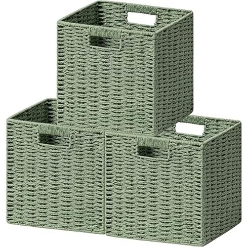 UBBCARE 3 Pack Wicker Basket, 11L×11H×10.5W inch Woven Paper Rope Storage Baskets for Shelves, Foldable Cube Storage bin with Handle, Storage Basket for Organizing & Decor, Green
