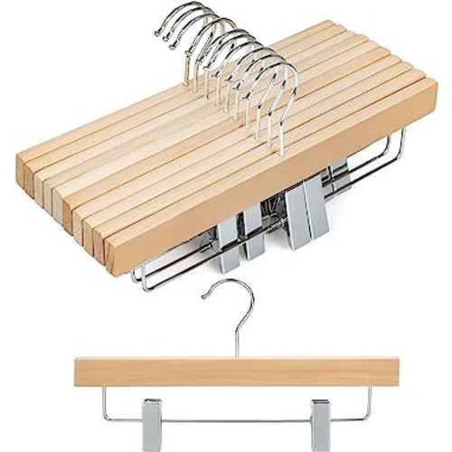 TOPIA HANGER 11.8'' Unfinished/Natural Wooden Pants Skirt Hangers for Kids Baby Toddler Children, Extra Thick Chrome Hooks & Anti-Wrinkle Premium Flat Clips 10 Pack CT09PN