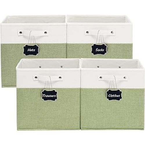FinishingBo 13x13x13 Inches Fabric Storage Bin with Handles, Cube Storage Bins, Storage Baskets for Organizing Shelf Home Closet,4 Pack (White and Green)