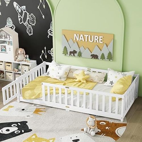 Twin Floor Bed with Safety Guardrails for Kids, Rubber Wood Montessori Bed with Slats and Convertible Door, Twin Size Bed Frame for Girls and Boys,No Box Spring Needed,White