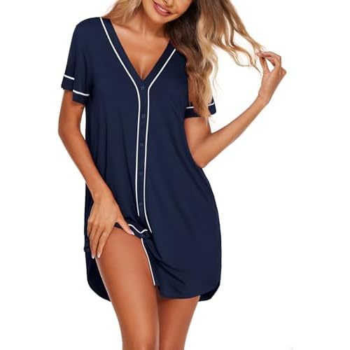 Ekouaer Womens Nightgown Button Down Sleep Shirts Short Sleeve Nightshirt V-Neck Sleepdress Soft Sleepwer