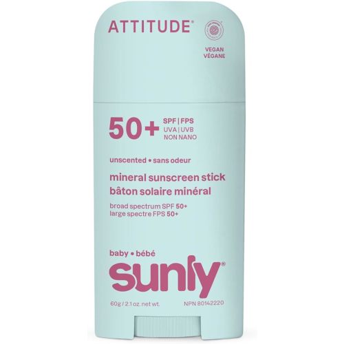 ATTITUDE Baby Mineral Sunscreen Stick SPF 50+, Non-Nano, Unscented, 2.1 Oz | EWG Verified, No White Cast, Lightweight, Glides On Smooth, Travel Size, For Babies & Toddlers, Broad Spectrum UVA/UVB