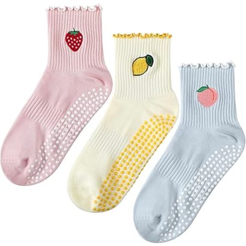3 Pairs Cute Pilates Socks with Grips for Women Ruffle Nonslip Yoga Socks Pilates Mathers Gift Barre Workout Gym
