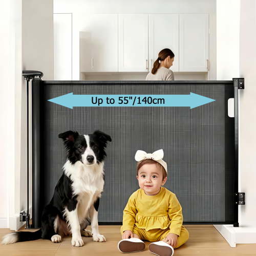 Retractable Dog Gate, 38"x55"(1.4m), Mesh Barrier for Kids or Pets, Safety Gates for Stairs Doorway Hallways, Need Drilling, Black