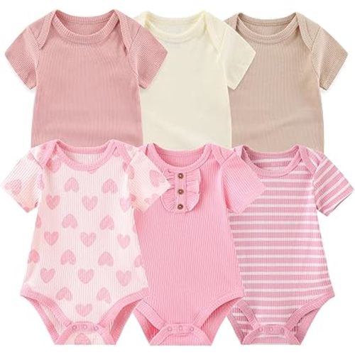 Baby Bodysuit 6 Pack Soft Mixed Ribbed Short Sleeve Romper Infant Boy Girl Clothes Set