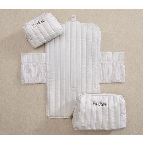 Oxford Stripe Changing Pad Essentials Tote Travel Set , Oat