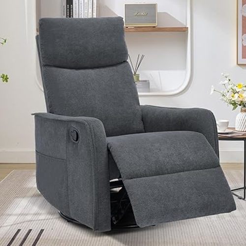 Swivel Rocker Recliner Chair, 360° Swivel Recliner with Heat and Massage, Rocker Recliner Nursery Glider Chair with Side Pockets for Living Room (Grey, Fabric)